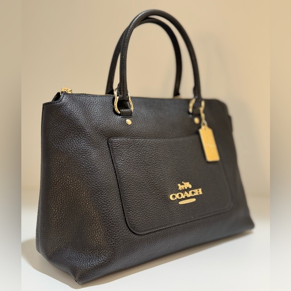 COACH Emma Satchel Black Pebble Leather Handbag with Gold Accents